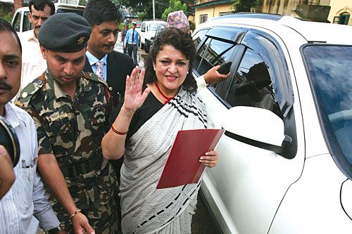 GOTCHA: Foreign Minister Sujata Koirala outside NC Parliamentary Party Office at Singhadarbar on August 25 where she was summoned to explain her last-minute decision not to accompany the prime minister on his trip to India.