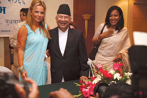 GERI MALPUWA: Geri Halliwell greets Prime Minister Madhav Kumar Nepal on Wednesday at Everest Hotel as part of a campaign to raise awareness of women's rights.