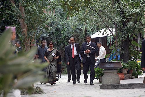 MEET 'N GREET: Indian Foreign Secretary Nirupama Rao, attended by Indian Ambassador Rakesh Sood, arrives at a press conference in Dwarika Hotel on Tuesday during a two-day official visit to Nepal.
