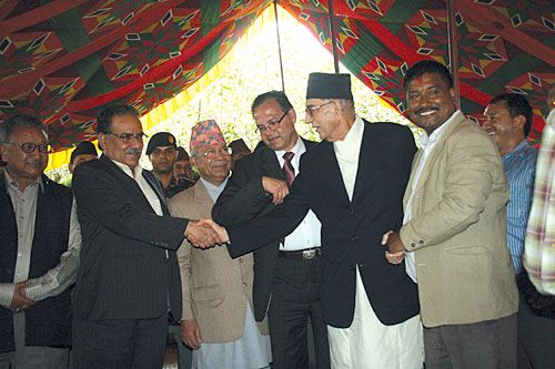 FALSE HOPE: NC, UML and Maoist leaders shake hands on Sunday and pledge to resolve the political impasse by Tuesday. On Thursday negotiations were still ongoing.