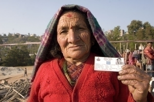 80 year old Ratna Maya Thapa walks an hour to her polling station in Kalinchowk, Dolakha. She was one of the first to vote.