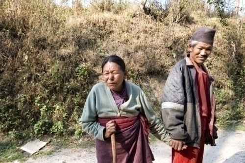 Laxmi Lama (left) is 74 and blind. She walked 2 hours to Chaikot, Dolakha to cast her ballot.