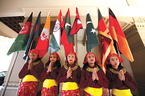 FIVE MAKES COMPANY: Panchakanya, a traditional five-girl troupe, welcomes guests to the SAARC Trade Information Portal launch at the Hyatt Regency on Thursday.