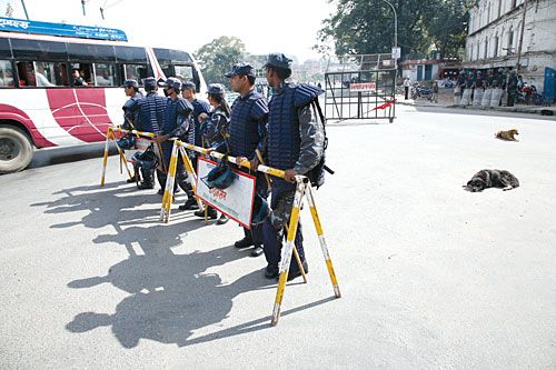 HIGH ALERT: Police positioned around Bhadrakali on Friday. Security forces have been put on high alert following the announcement of Maoist street protests.