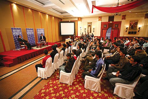 SPOTLIGHT: Maoist Chairman Pushpa Kamal Dahal at an interaction program called 'Sajha Sawal' organised by BBC World Service Trust Nepal on Friday.