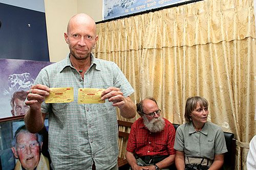 KEEPING ACCOUNTS: A German tourist shows receipts given to members of his trekking group while in Manaslu by Maoists who extorted them for Rs 1000-1500 a head.