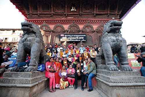 PIT STOP: Members of a campaign to end domestic abuse against women stopped by Kathmandu Darbar Square on Monday during a tour across the country.