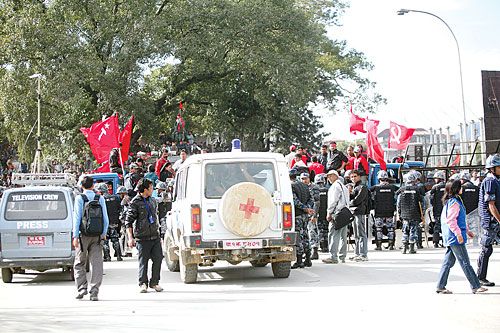 LIFE AND DEATH: Maoist protestors block an ambulance during demonstrations outside Singha Darbar on Friday.