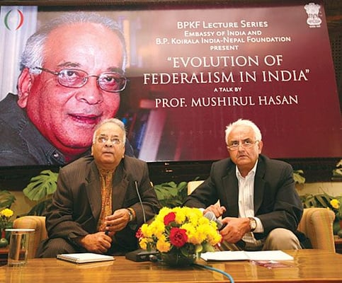 LEARNING BY EXAMPLE: Himal Editor Kanak Mani Dixit with Professor Mushirul Hasan, who spoke on the 'Evolution of Federalism in India' at the Yak & Yeti Hotel on Tuesday.