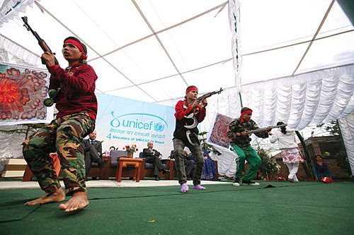 THE FUTURE: Children perform at a program marking International Child Rights Day and four decades of UNICEF's presence in Nepal at Pulchowk on Friday.