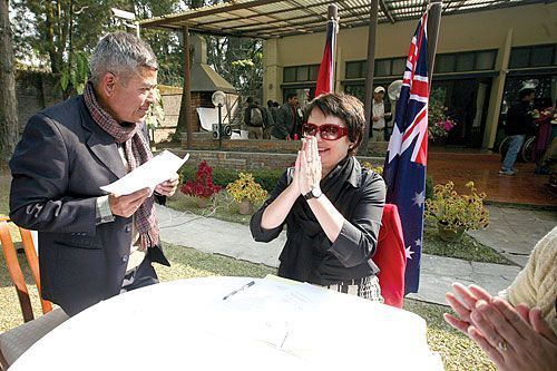NAMASTE: Australian Ambassador Susan Grace gave out cheques totalling AUD 170,000 to representatives of 17 development projects across the country on Thursday in Maharajganj, under the Australian Embassy's Direct Aid Program.