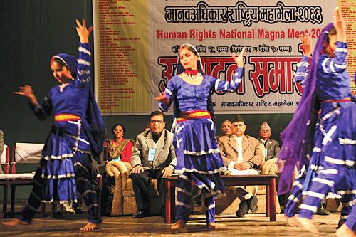 REMEMBER US: President Ram Baran Yadav looks on as traditional dancers perform at the Human Rights National Magna Meet-2009 at the Academy Hall on Tuesday.