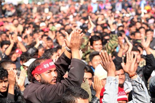 Maoist cadre gathered in front of the Constituent Assembly on Tuesday to mark the end of the three-day long strike.