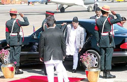 HOMECOMING: Prime Minister Madhav Kumar Nepal at Tribhuvan International Airport, back from the Copenhagen Climate Conference on Sunday.