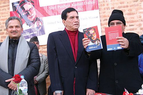 BOMBS AWAY: Pushpa Kamal Dahal releases a book on Sunday about veteran republican leader Ram Raja Prasad Singh entitled, 'Ganatantra Ko Lagi Sangarsha' [Struggle for Republic], written by Sitaram Baral.