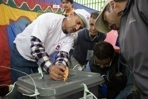 5 PM: Polling Officer Thakur Raj Panta seals ballot boxes at Rajtirtha, Lalitpur- 3. His polling station received 496 voters today.