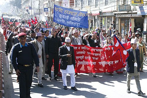 UNITED WE STAND: Nepal Chhetri Samaj heads through Pulchowk to Tundikhel for a rally against ethnic federalism, Thursday.