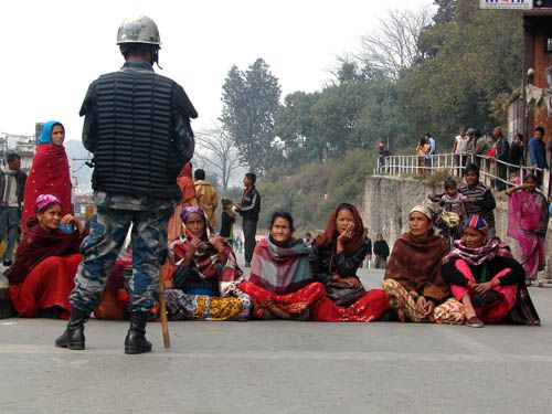 Members of the Rastriya Prajatantra Party Nepal protest in Kathmandu on Monday. The party called a banda in the capital demanding a referendum on constitutional monarchy, federalism and secularism.