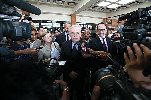 MESSENGERS OF PEACE: United Nations Under Secretary General for Political Affairs B Lynn Pascoe arrived in Kathmandu on Wednesday to assess the state of the peace process.