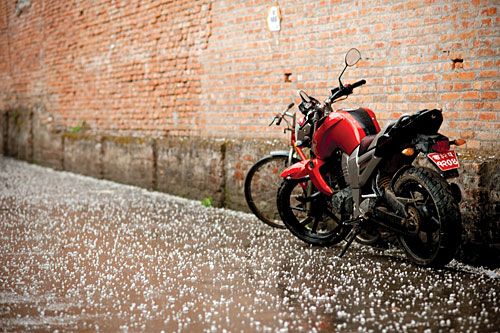 PITTER-PATTER: Hailstones lie scattered on a street in Thamel after a brief storm on Tuesday.