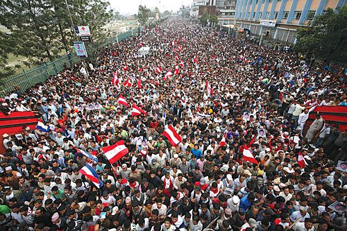 FAREWELL: A huge crowd of people descends upon Sundhara to participate in Girija Prasad Koirala's funeral procession on Sunday.