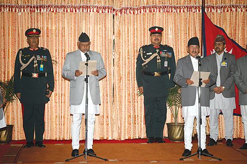 RAM & RAM: President Ram Baran Yadav swears in Ram Prasad Shrestha as chief justice on Monday at the Presidential Palace.