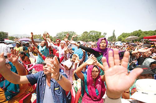TEST OF FAITH: Representatives of the Christian community demand timely promulgation of the constitution and equal status for all religions at Khulamanch, Tuesday.