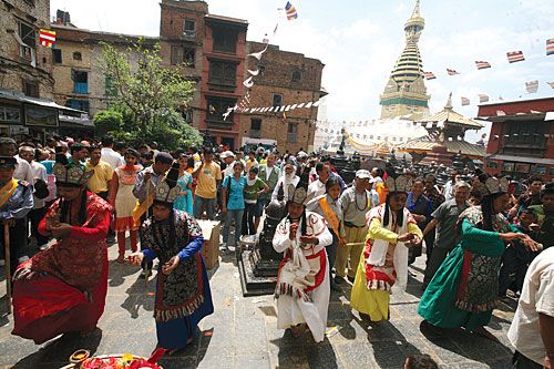 PEACE: Devotees dancing in front of Swayambhu on the occasion of Buddha Jayanti, Thursday.