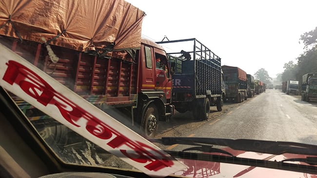 Cargo trucks queue along the Birganj-Raxaul border point on Friday.