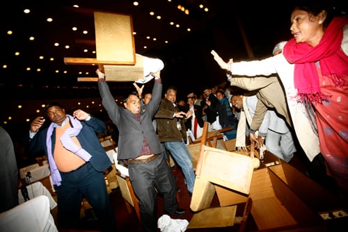 CA members of UCPN(M) destroy chairs protesting against CA’s decision to initiate the process for vote on Tuesday.