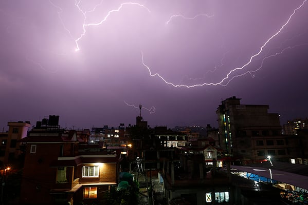 A lightning flash above Kathmandu on Thursday evening as the Valley was hit by a thunderstorm bringing rain and hail along with it.