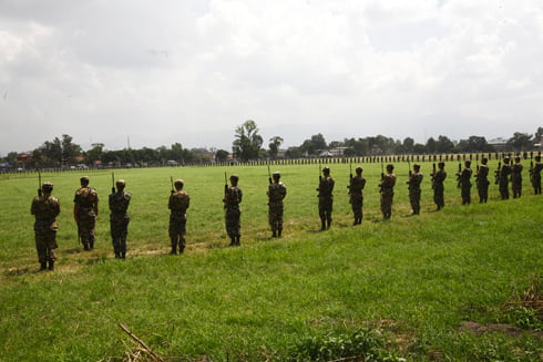 REHEARSAL TIME : Nepal Army soldiers practice for Phulpati celebrations at Tundikhel on Monday. Phulpati is the seventh day of Dasain festival.