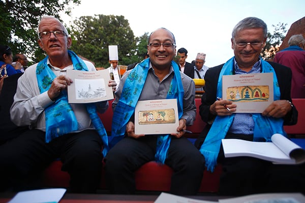 (l-r) Niels Gutschow, Manik Bajracharya and Axel Michaels at the launch of 'History of the Kings of Nepal: A Buddhist Chronicle' at Hyatt Regency on Tuesday.