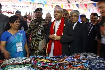 NICE JOB: Newly appointed Prime Minister Khil Raj Regmi visits the 24th National Industrial Exhibition and speaks to stall owners, at Bhrikuti Mandap on Wednesday.