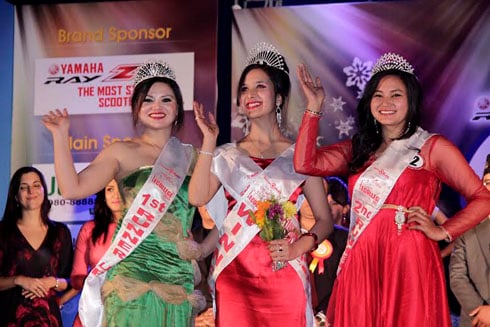 PAGEANT GLORY: Winner Pragya Lamichhane (middle) with 1st runner-up Neha Pokhrael (left) and 2nd runner-up Parvati Shrestha (right) at the Yamaha Ray Z Miss E College 2013 on Wednesday.