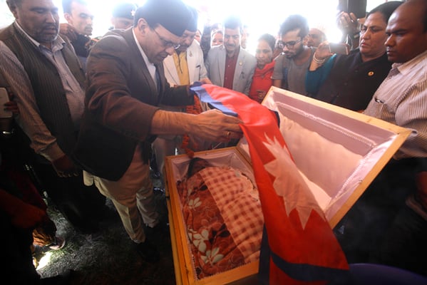 Minister of Information and Communication Minendra Rijal pays last respect to Chandra Bahadur Dangi, the shortest man in recorded history at Dasarath Rangasala on Tuesday. Dangi who was suffering from pneumonia passed away last month in American Samoa.