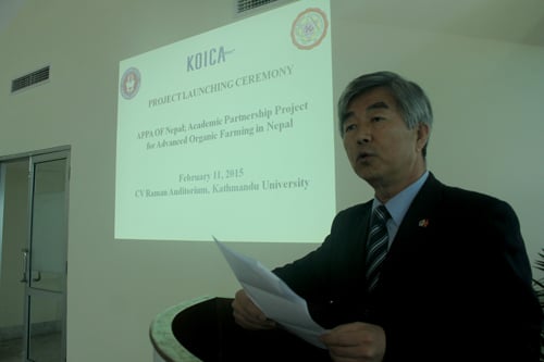 South Korean Ambassador Yong Jin-Choe at the launch of academic partnership project for advanced organic farming between Chonbuk Nation University and Kathmandu University on Wednesday.