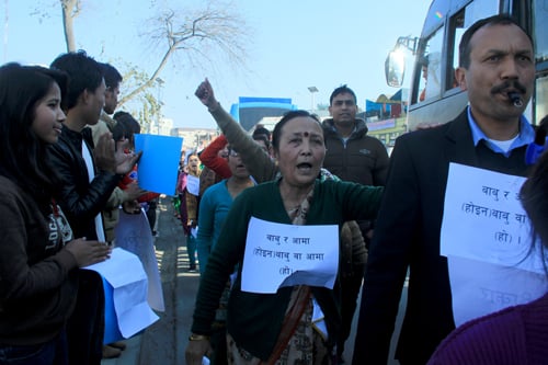 Anuradha Koirala of Maiti Nepal participates in a rally demanding the new constitution grant citizenship through mothers near Baber Mahal on Monday.