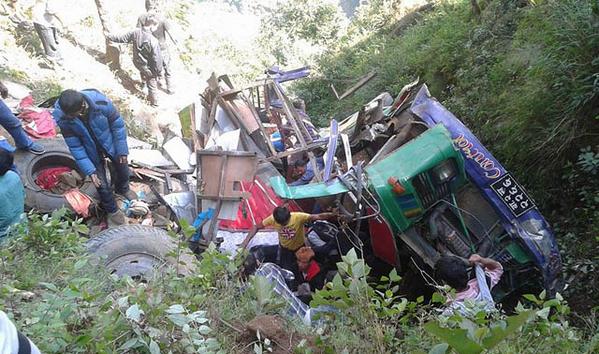 12 people were killed when a bus plunged 150 m down a mountainside on the Pasang Lhamu Highway on Friday. Bus owner's daughter among dead.