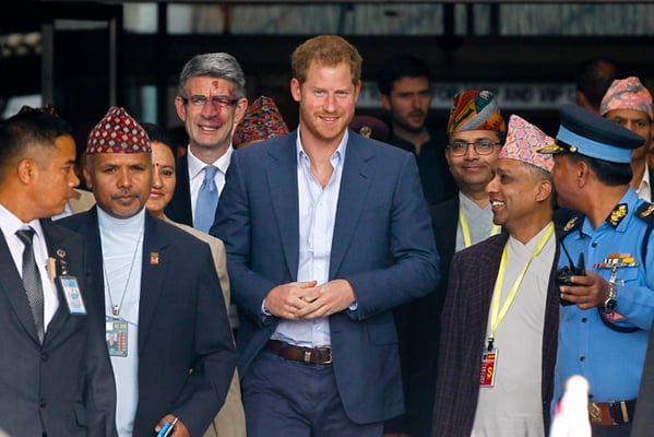 Britain's Prince Harry arrives in Nepal for a five-day official visit at Tribhuvan International Airport on Saturday.