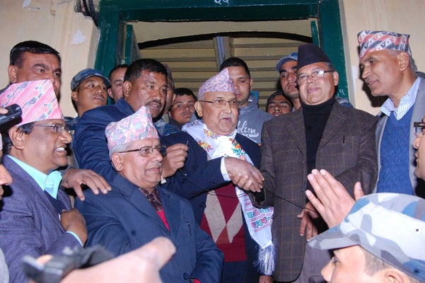 PARTY POLITICS: Senior CPN-UML leader KP Sharma Oli (left) being congratulated by party Chairman Jhal Nath Khanal (right) after claiming the Parliamentary Party leadership by 23 votes.