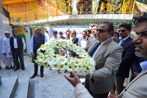 Piyush Srivastava, Charge d’ Affaires of Embassy of India, lays a wreath on the tomb of Begum Hazrat Mahal, an Indian freedom fighter, in Kathmandu on Tuesday.