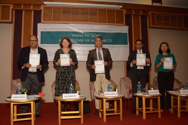 Nepal Economic Forum Chair Sujeev Shakya, Head of DFID Nepal Gail Marzetti, Country Director of Millennium Challenge Corporation Himesh Dhungel, Former Member of Natoinal Planning Commission Swarnim Wagle and Finance Professional Yanki Ukyab (from left to right) launch the nepfort35 during an interaction program in Kathmandu on Wednesday.