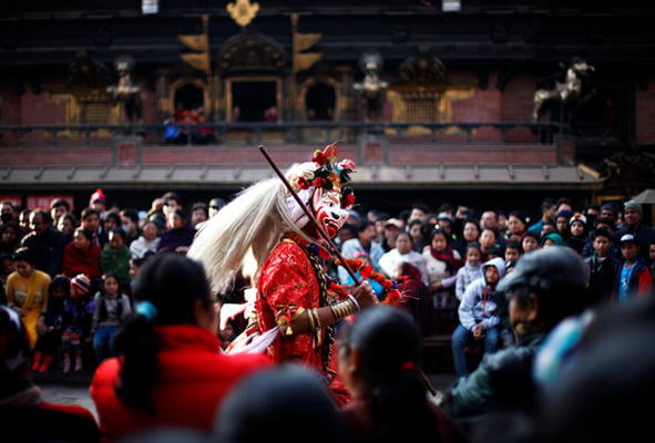 A devotee dressed up as the Hindu deity Bhadrakali performs a religious dance during Bhadrakali Khadga Siddhi festival in Indrachowk on Saturday.