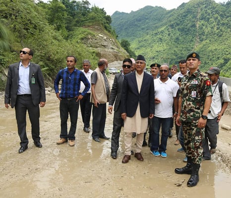 Prime Minister Sher Bahadur Deuba inspects the condition of the Muglin-Narayangadh road, and instructs authorities to expedite work on Wednesday.