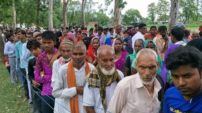 Voters line up to cast their votes in the second phase of local elections in Rupandehi district on Wednesday.
