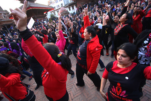 FLASH MOB: More than 500 people gather in Patan Durbar square to support the One Billion Rising global campaign opposing violence against women on Thursday afternoon.