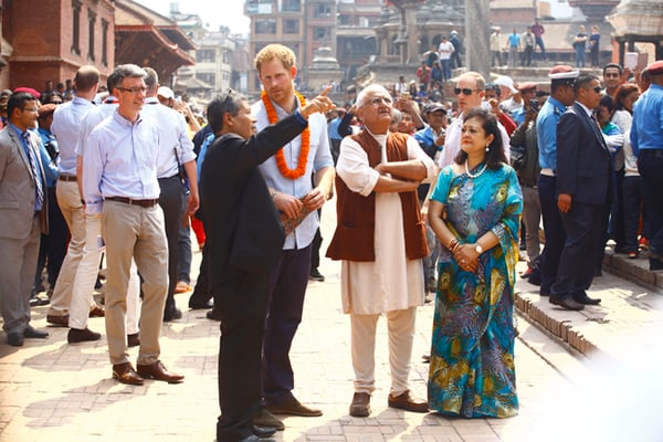 Prince Harry with Kathmandu Valley Preservation Trust's functionaries at Patan Darbar Square on Sunday.