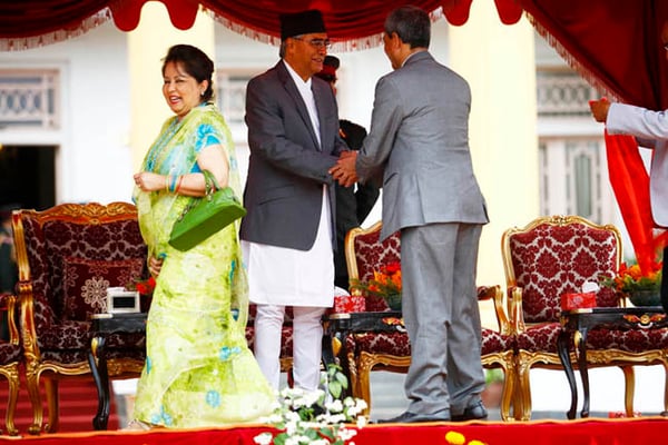 Arzoo Rana after congratulating her Prime Minister husband Sher Bahadur Deuba during his swearing-in ceremony at Shital Niwas on Wednesday.