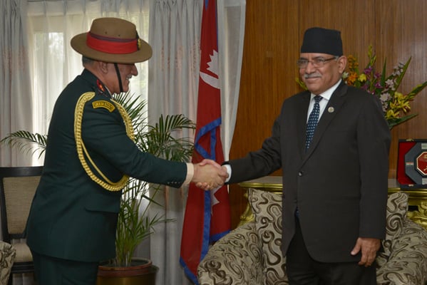 Indian Army Chief Bipin Rawat calls on Prime Minister Pushpa Kamal Dahal at Baluwatar on Thursday.